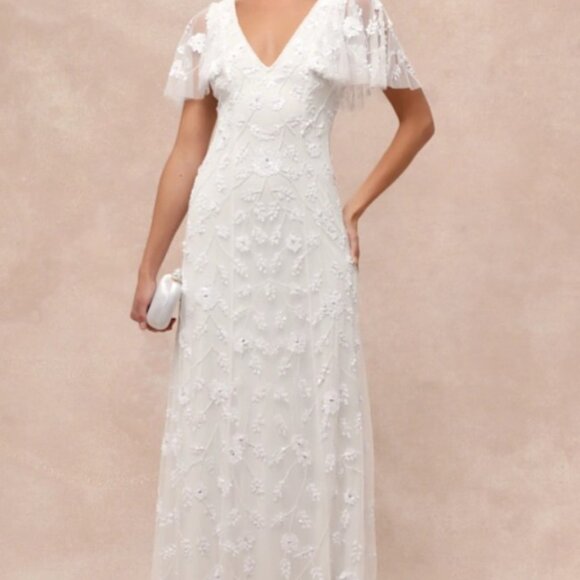 Lulus Safiya White Sequin Flutter Sleeve Maxi Dress - Picture 3 of 4